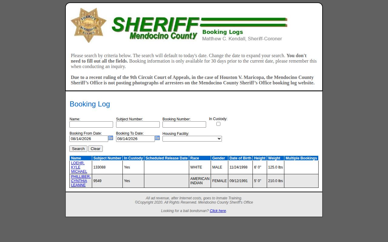 Mendocino County jail roster booking search and no-photo notice