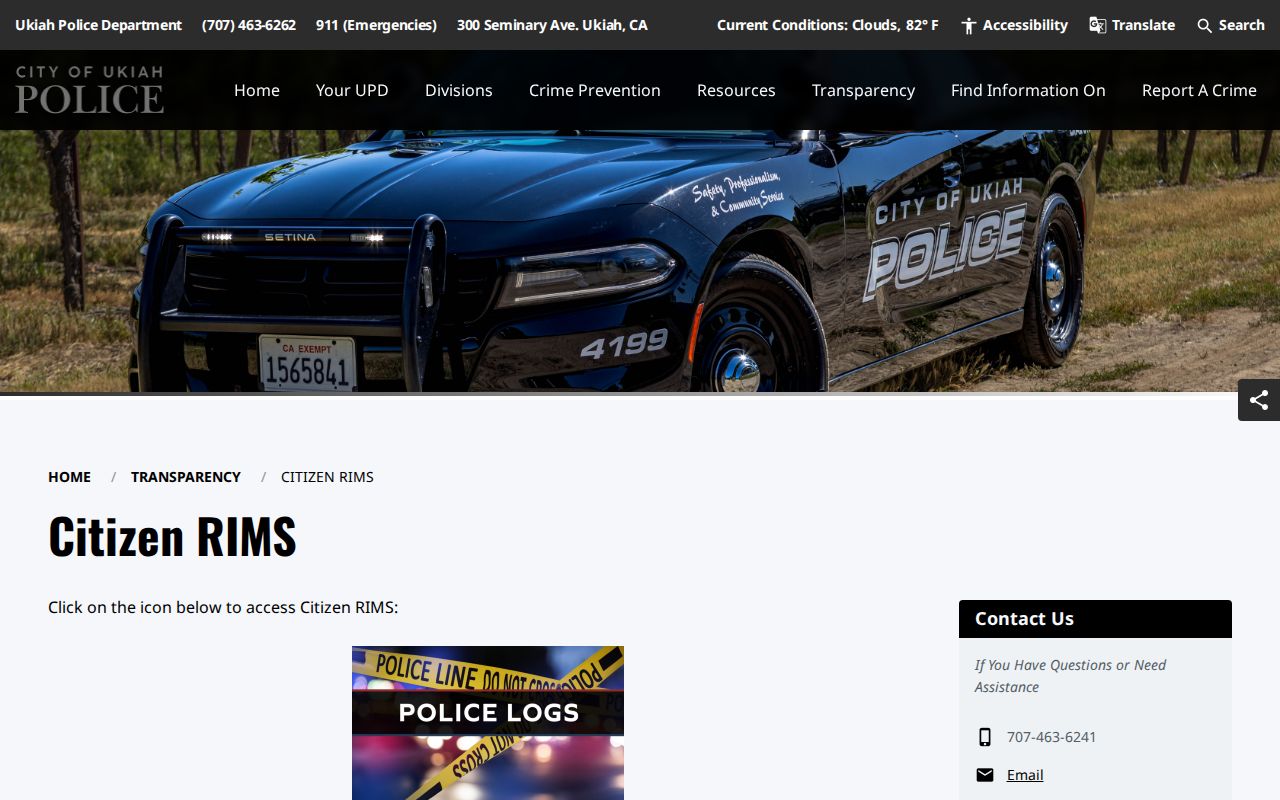 Ukiah Police Department arrest and incident records Citizen RIMS page