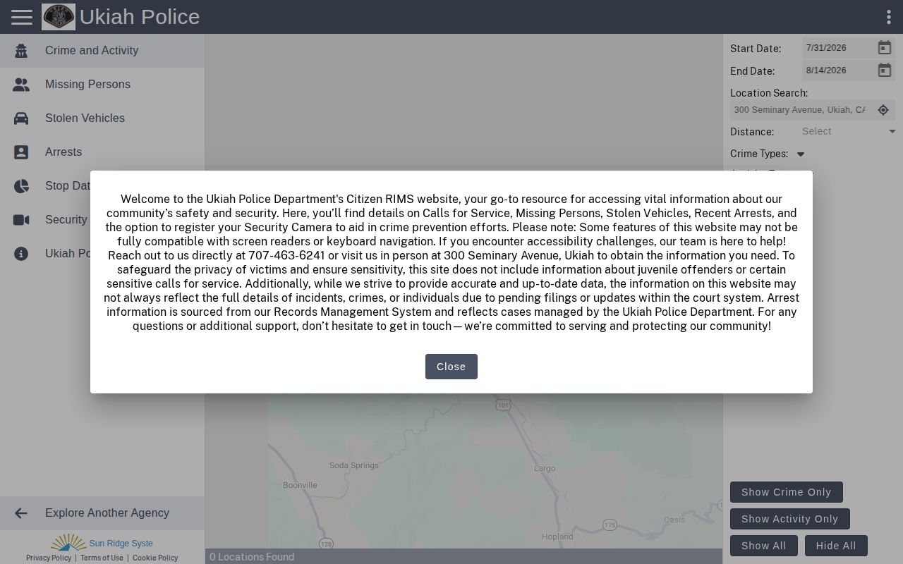 Ukiah busted incident map and police activity list interface